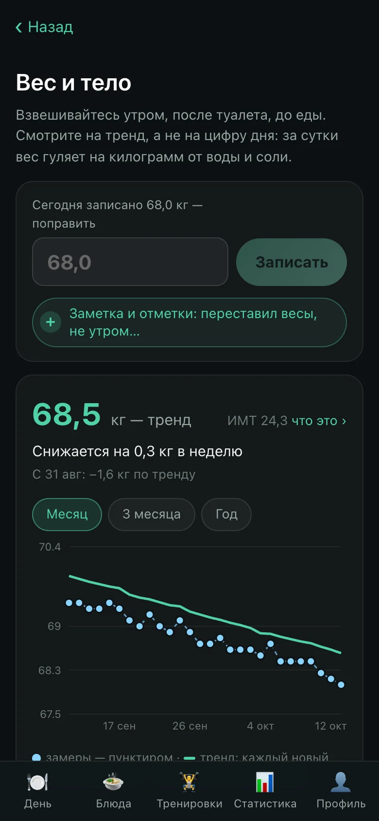 OnyxFit, weight: trend and measurements