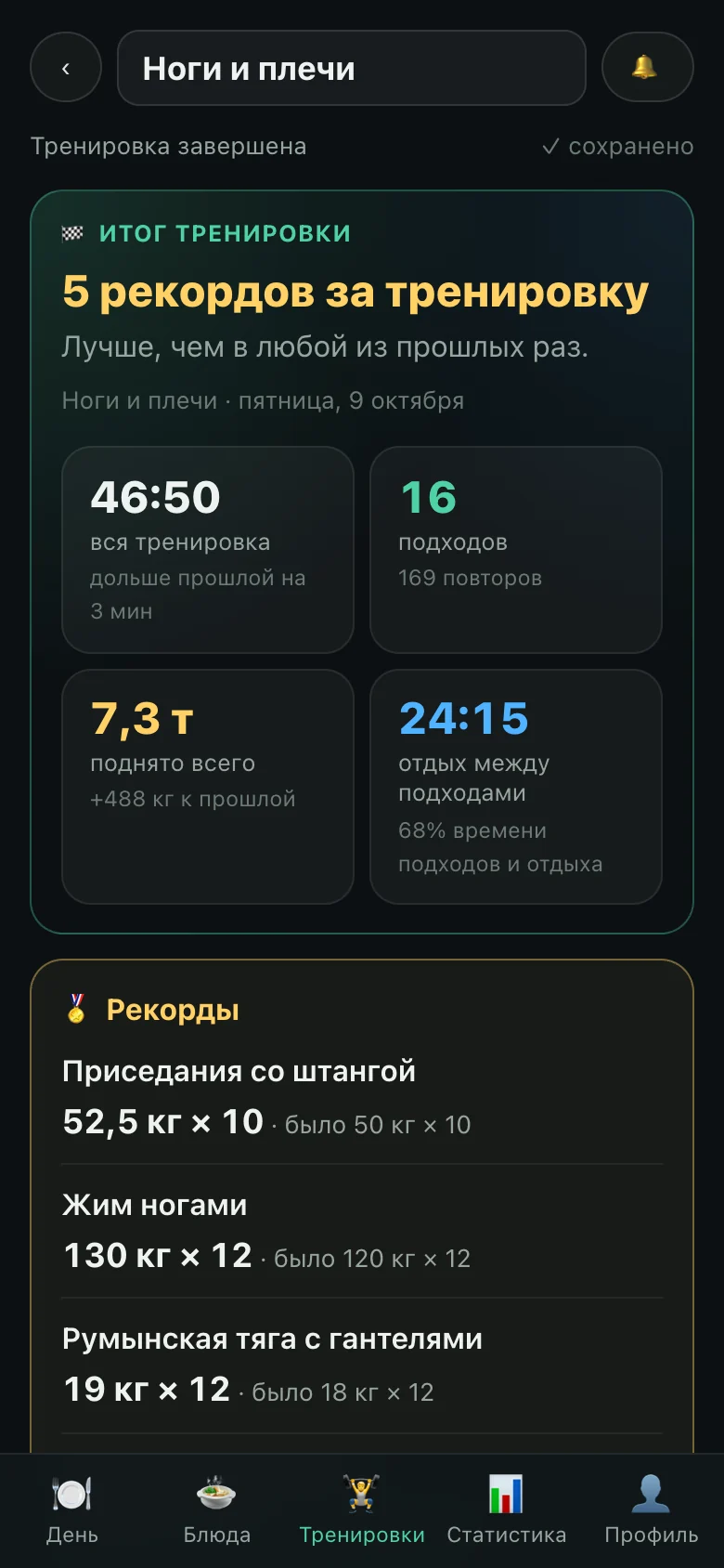 OnyxFit, workout summary: records, time, weight lifted