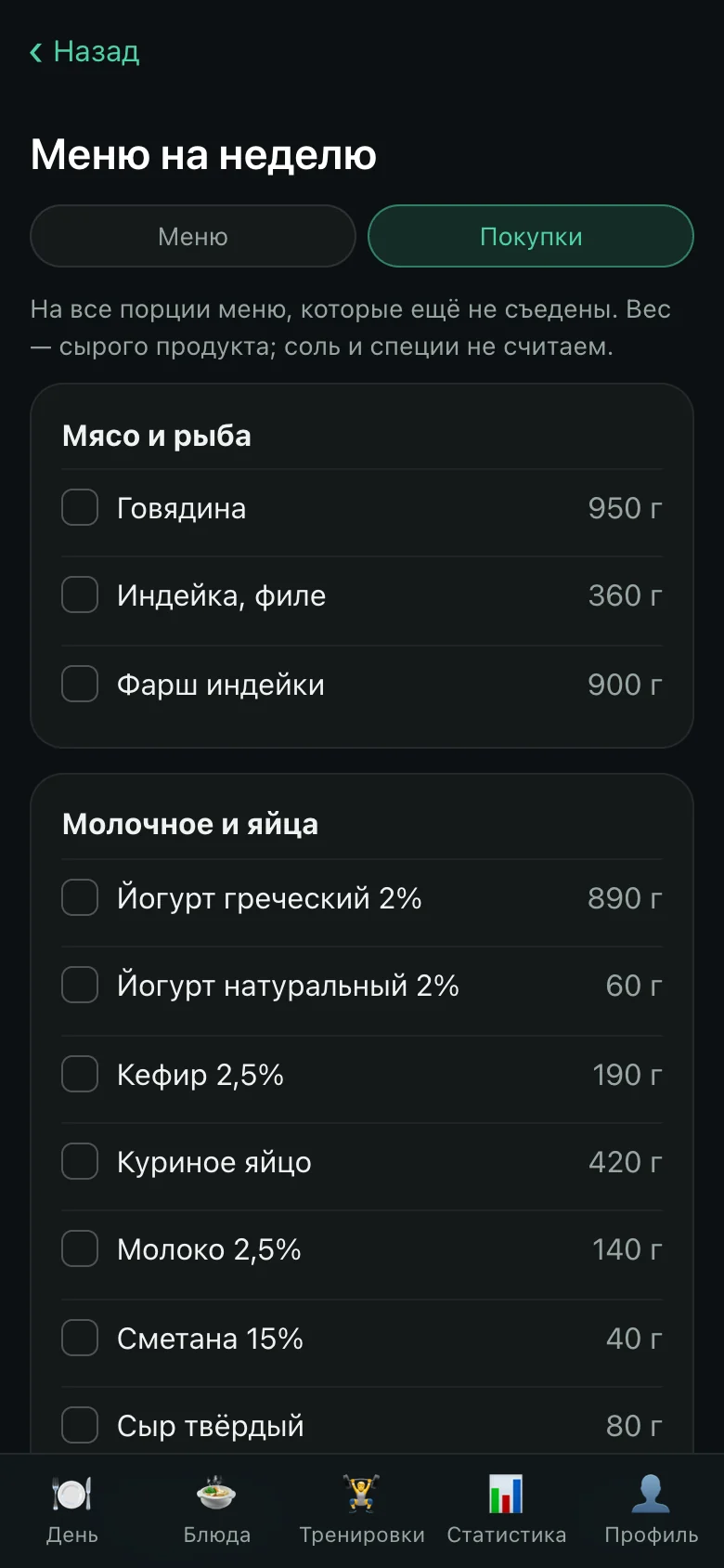 OnyxFit, shopping list for the weekly menu