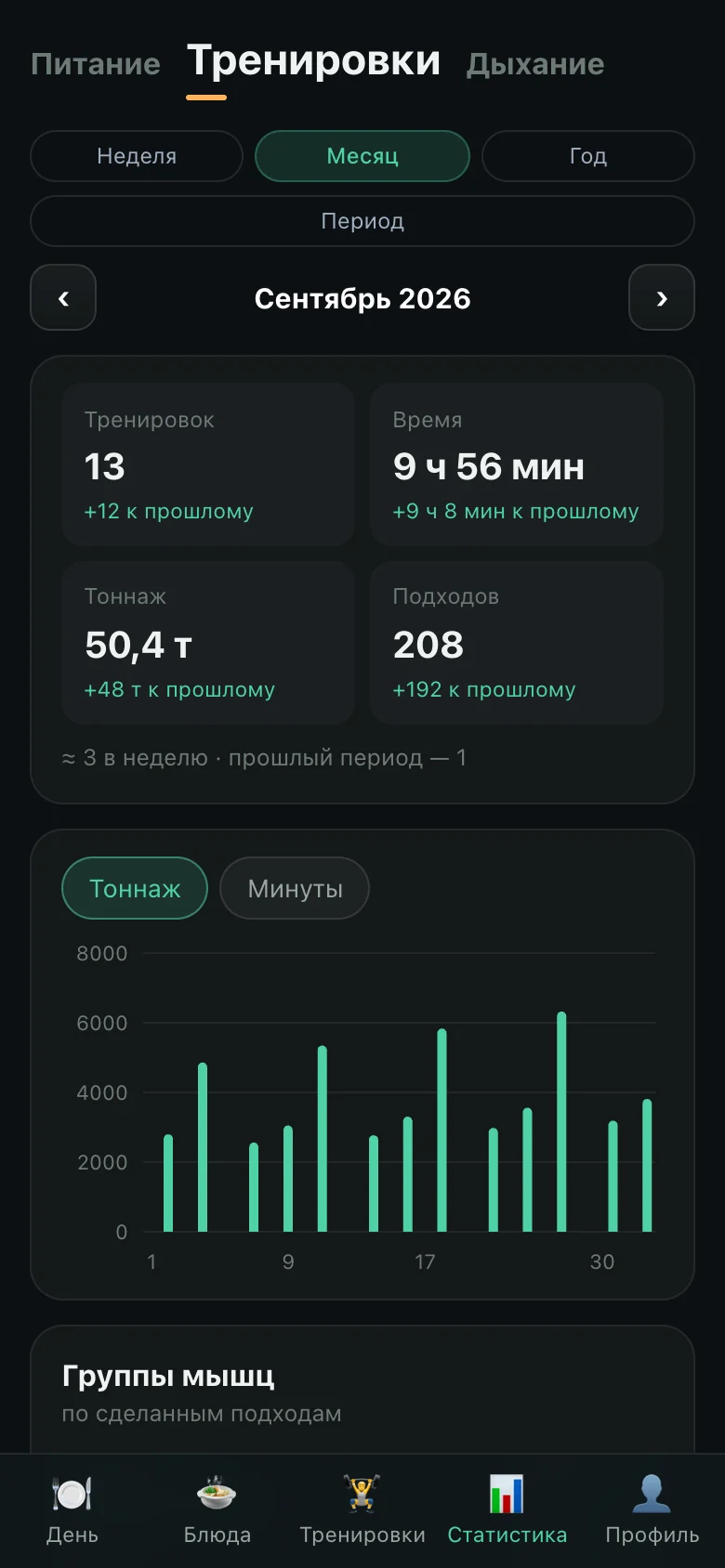 OnyxFit, training stats: volume and muscle groups