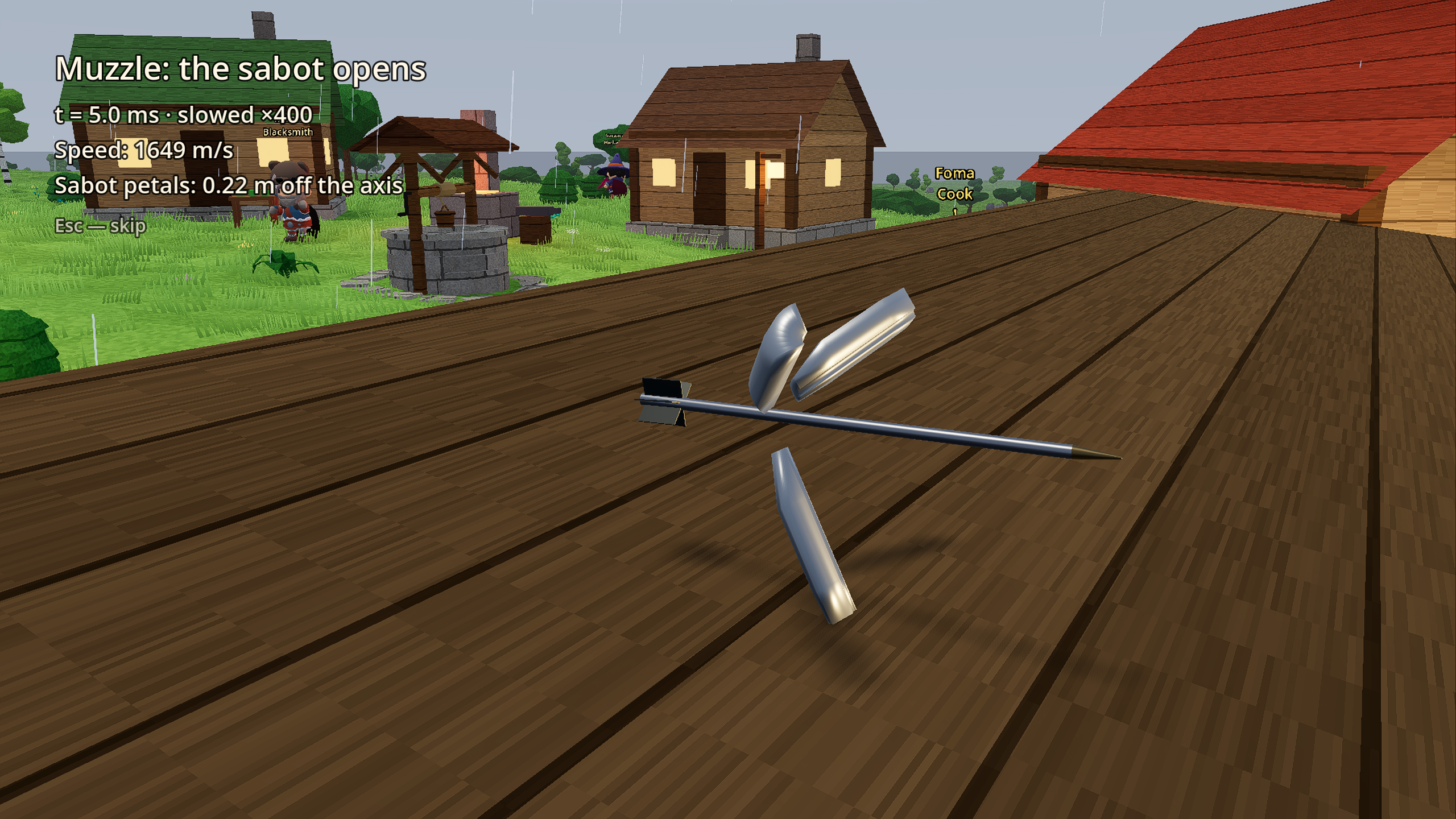 Flight camera at the muzzle: three sabot petals peel away from the rod, 5 ms after firing