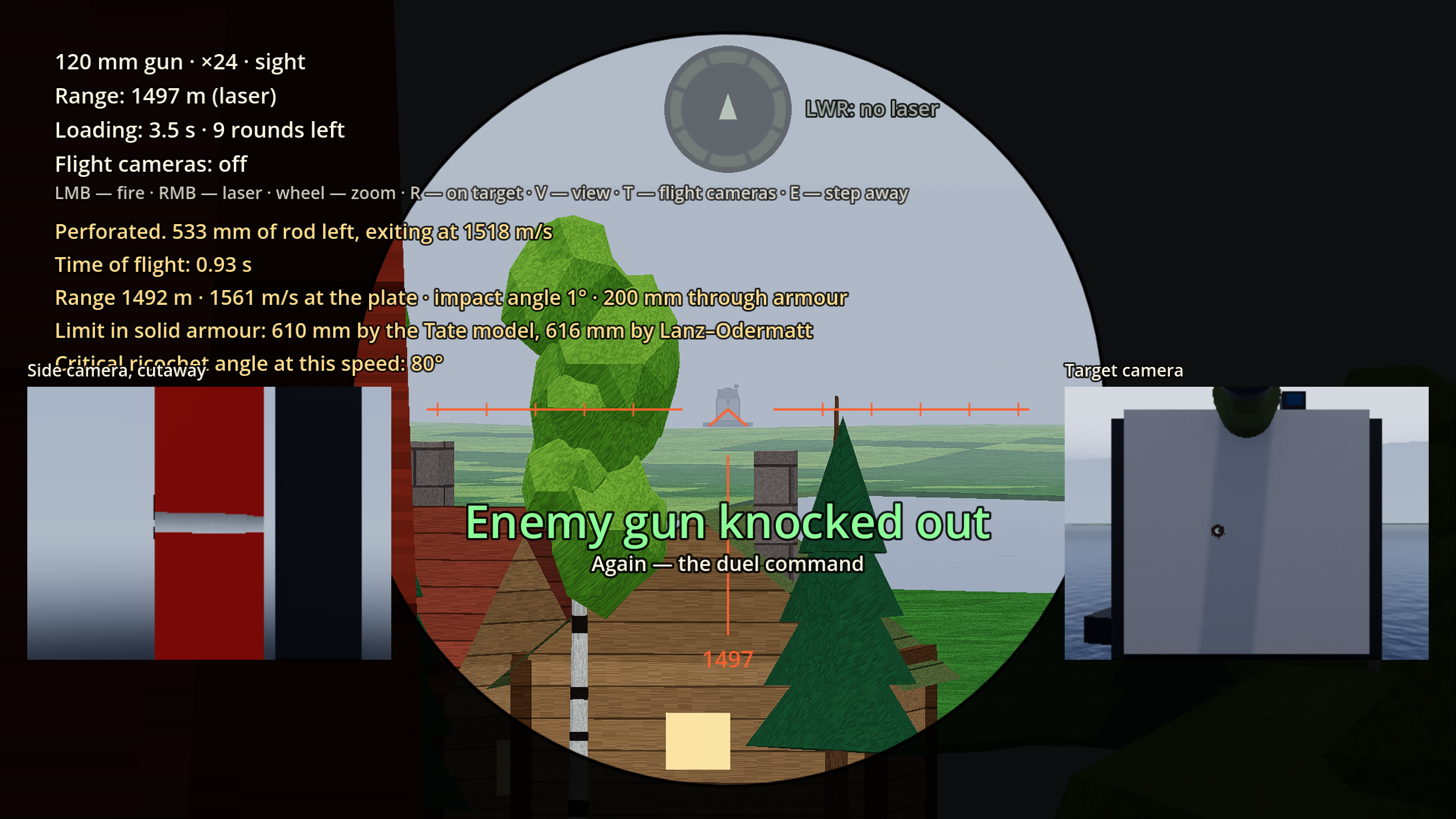 Our rod from 1492 m goes through the 200 mm shield: enemy gun knocked out